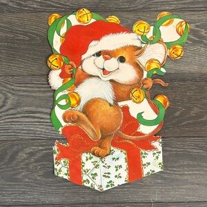 Festive Mouse Christmas Flocked Die Cut with Santa Hat and Bells